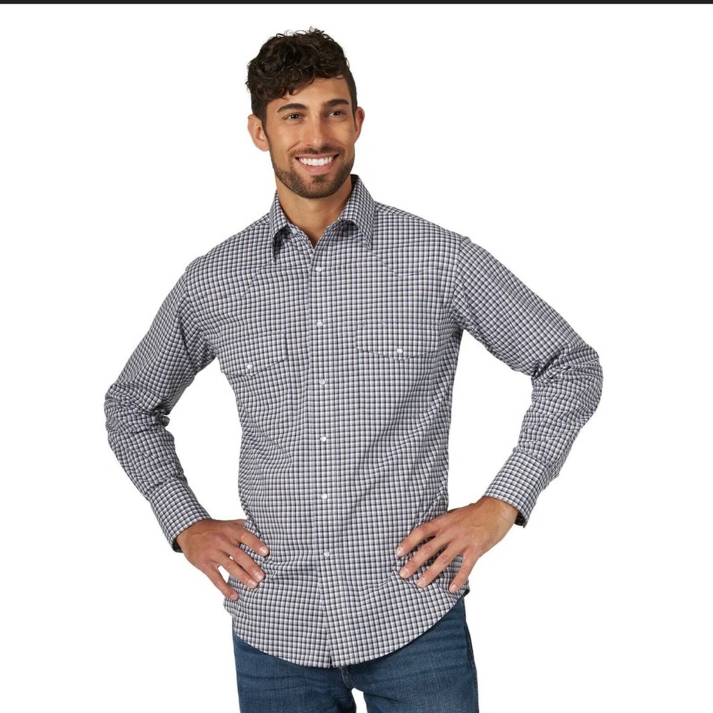 Wrangler Men’s Pearl Snap Navy Blue And Gray Plaid Long Sleeve Shirt Size 3X